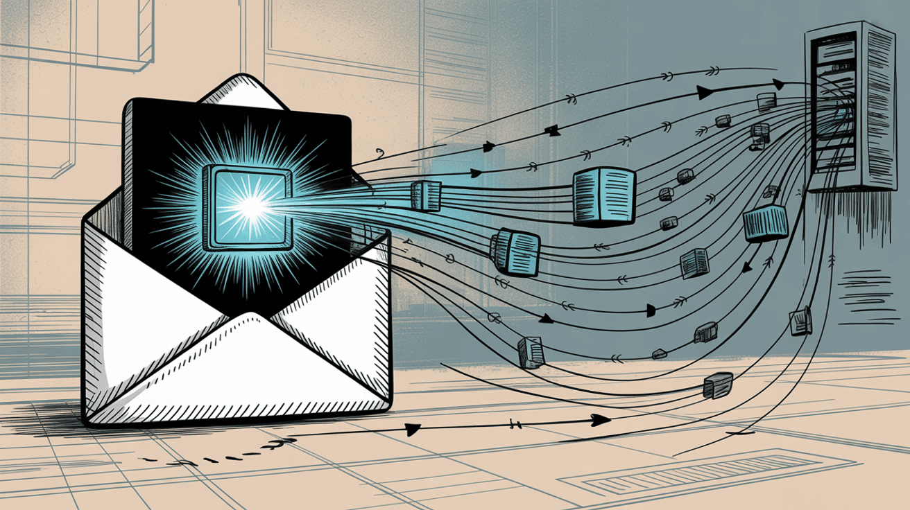 Technical diagram showing how email tracking pixels send data from email to server
