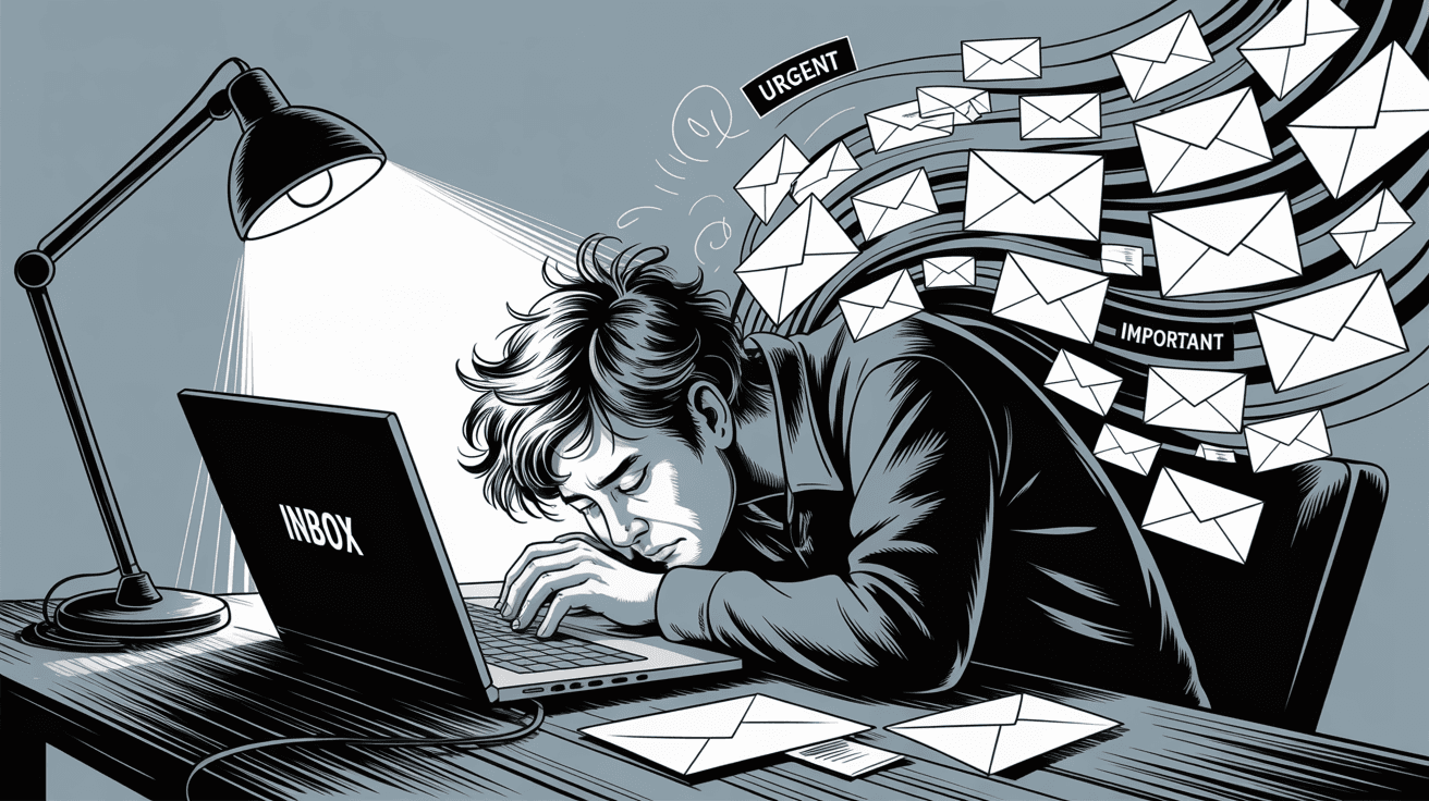 Person overwhelmed by swirling email chaos at computer desk, illustrating the stress of tracking email replies