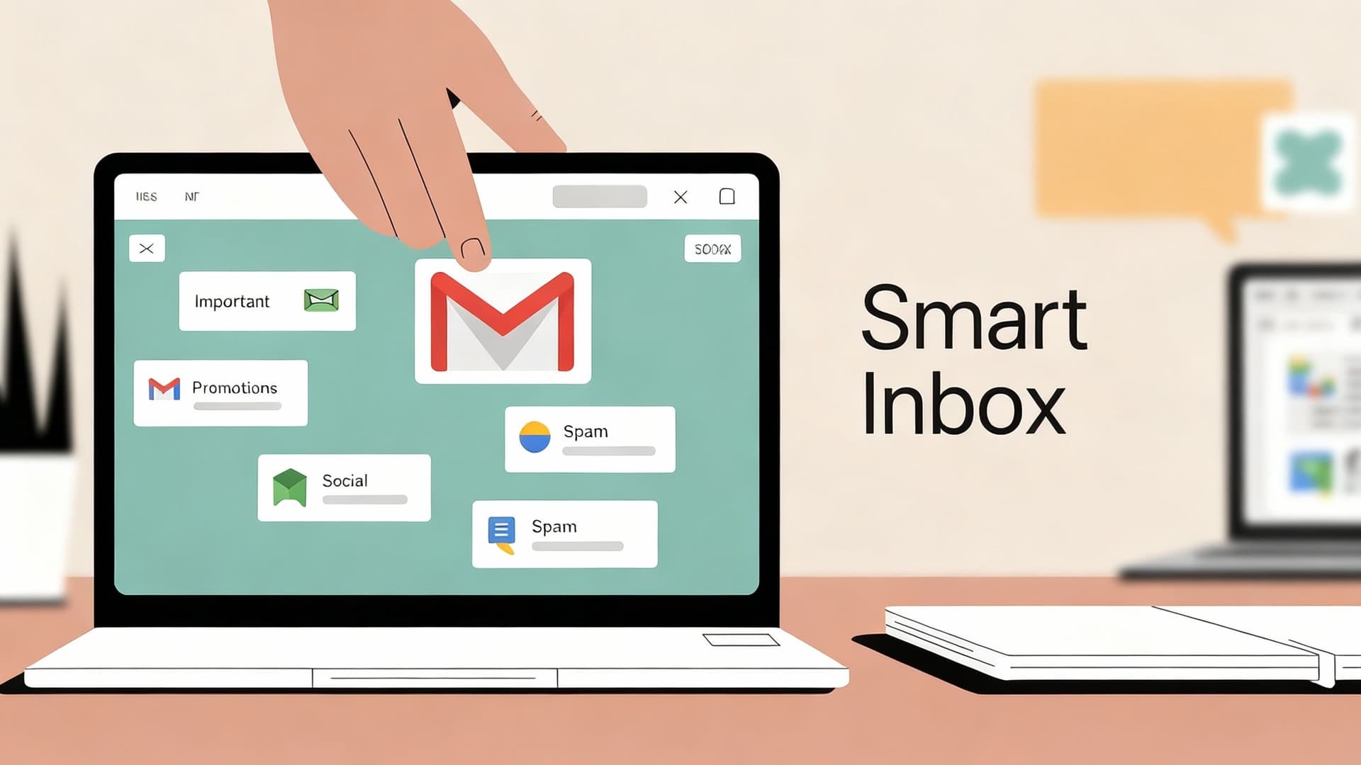 Gmail interface showing intelligent email categorization with human hand controlling the smart inbox organization system