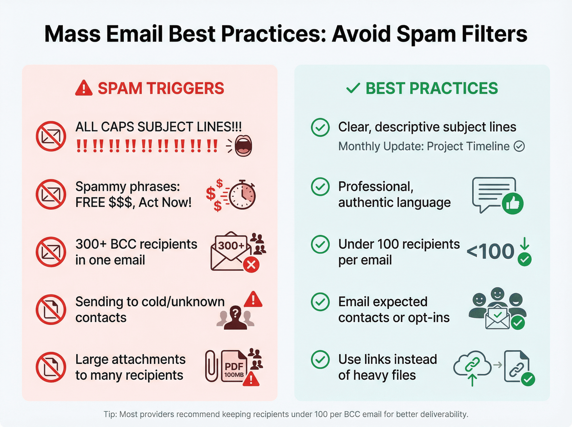 Email spam filter avoidance checklist showing do's and don'ts for sending mass emails professionally