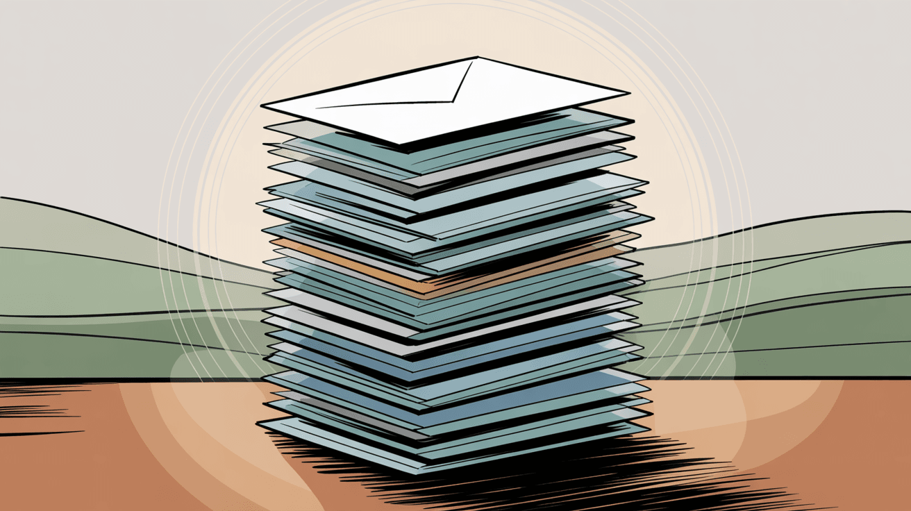 Stack of email envelopes showing layers and depth representing years of accumulated Gmail messages